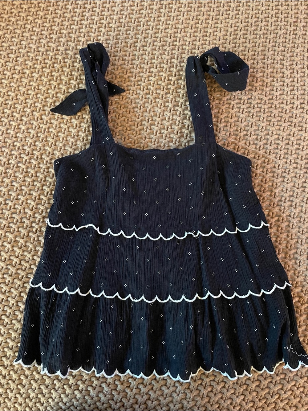 Sezane Black Eyelet Tiered Tie-Strap Tank with White Scallop Trim